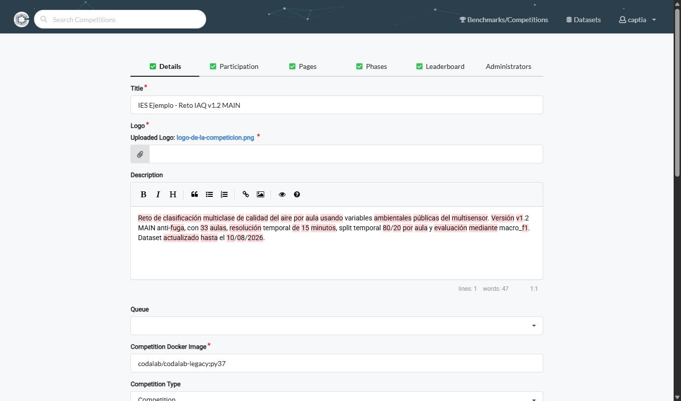 Pestaña Details del editor, con los campos Title, Logo, Description, Queue y Competition Docker Image