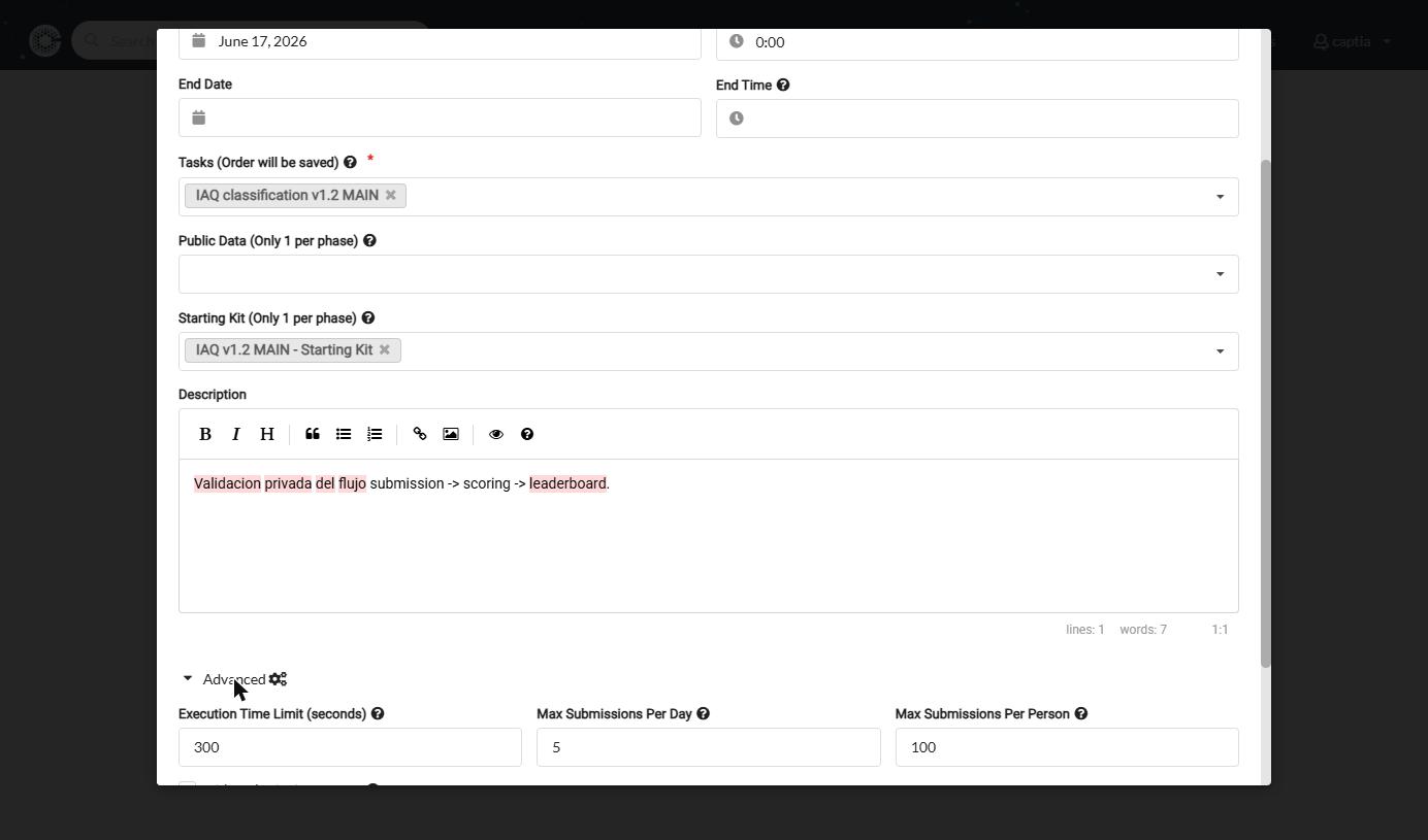 Sección Advanced desplegada, con Execution Time Limit, Max Submissions Per Day y Max Submissions Per Person