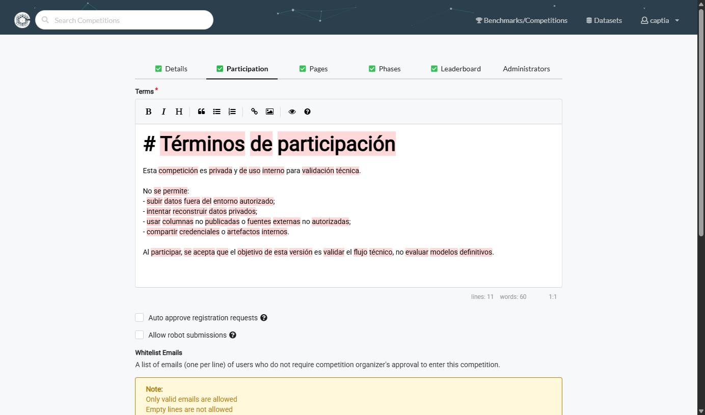 Pestaña Participation, con el editor de Terms y debajo las casillas de aprobación automática, robots y la lista blanca de correos
